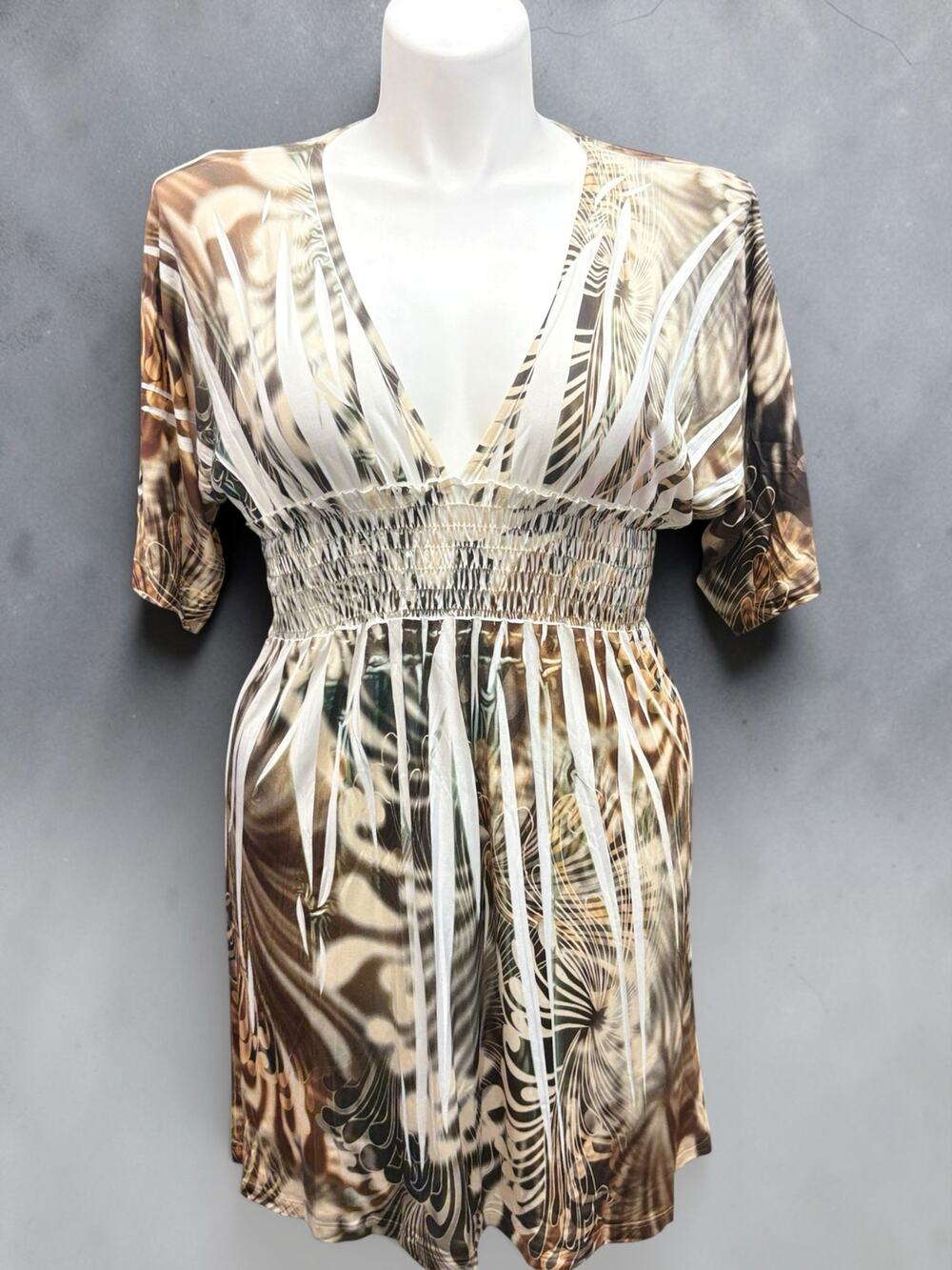 Vintage Voll Mini Dress Brown Abstract Floral Smocked Deep V Dress One Size